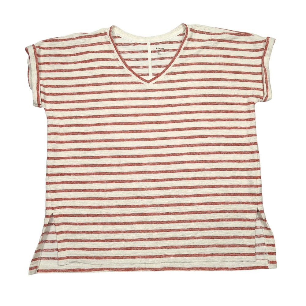 Style & Co Top Womens XXL V-Neck Dolman Short Sleeve Red White Striped Casual